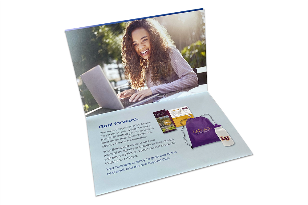 First reveal of a four panel print piece with smiling young woman on computer and promo items
