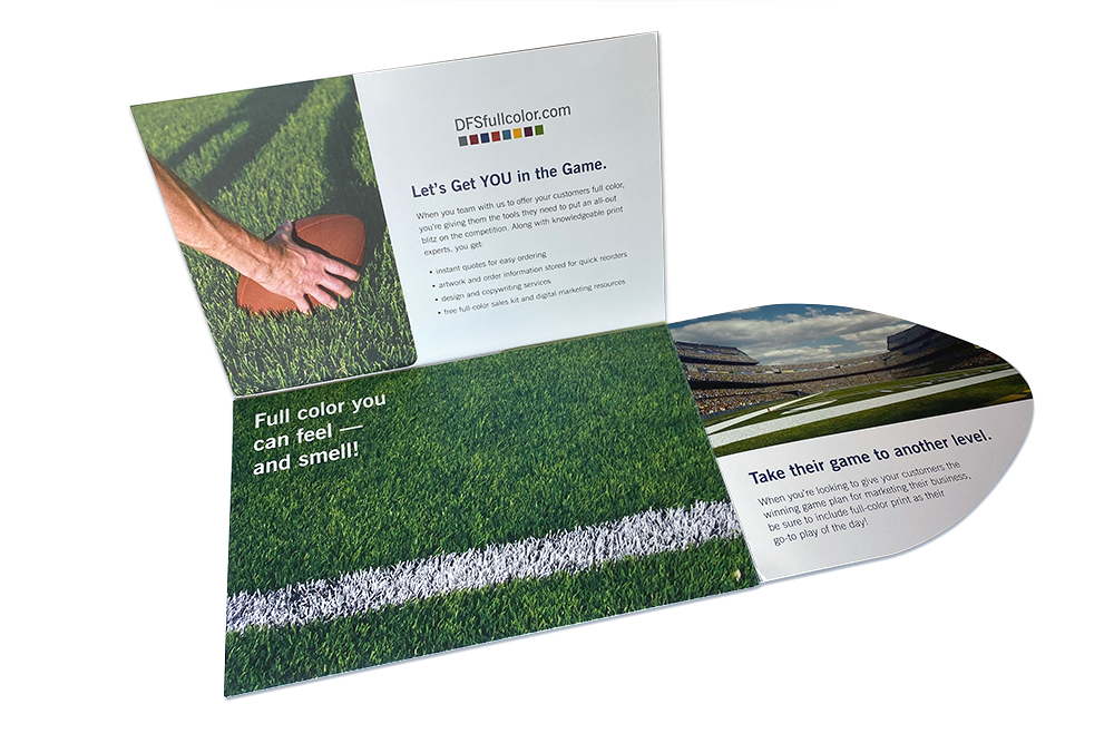 Second reveal of tri-fold print piece with football theme