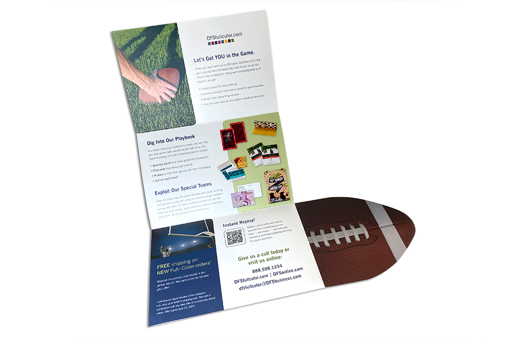 Full reveal of tri-fold print piece with football theme